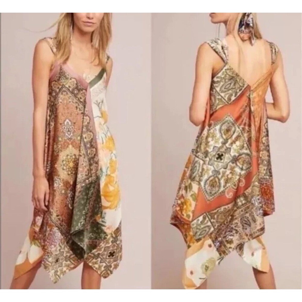Anthropologie Patchwork Handkerchief Midi Dress in Rust, Olive, Cream